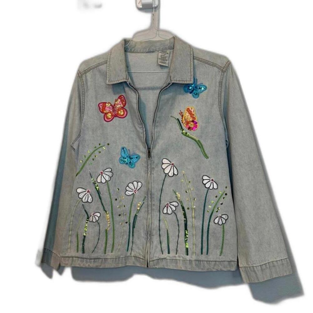 Vintage 90s Embroidered Denim Jacket with Butterflies & Flowers